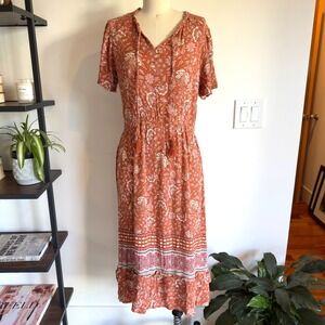 KNOX ROSE Boho Floral‎ Rayon Midi Dress-Women's Size S-Short Sleeve Summer Dress